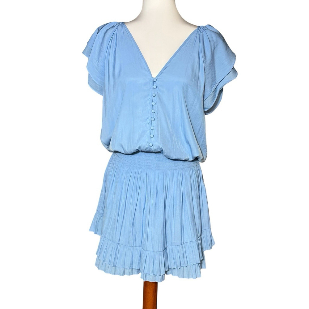 Ramy Brook Lana Mini Dress Periwinkle Blue Smocked Waist Flutter Sleeve Satin LG